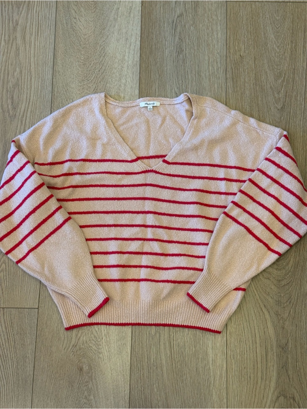 Madewell Oversized Sweater Size Large Blush Pink Red Stripe Fuzzy Cozy Knit